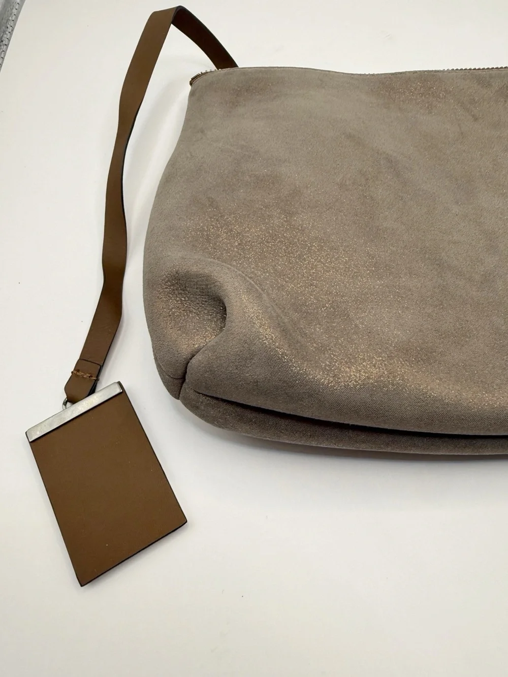 Brunello Cucinelli Metallic Suede Leather Zip Pouch Clutch Taupe Beige Italy Lux